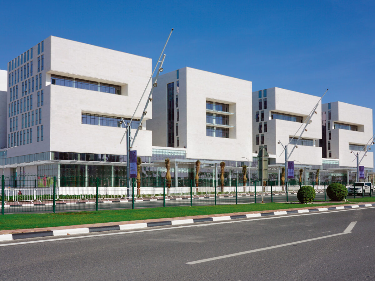 DOHA, QATAR -12 DEC 2019- View of the 2022 building, located in the Aspire Zone in Doha, Qatar, shaped with the 2022 numbers built for the FIFA World Cup