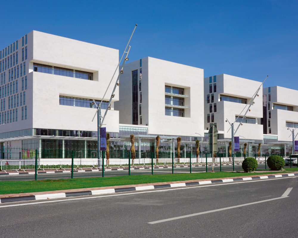 DOHA, QATAR -12 DEC 2019- View of the 2022 building, located in the Aspire Zone in Doha, Qatar, shaped with the 2022 numbers built for the FIFA World Cup