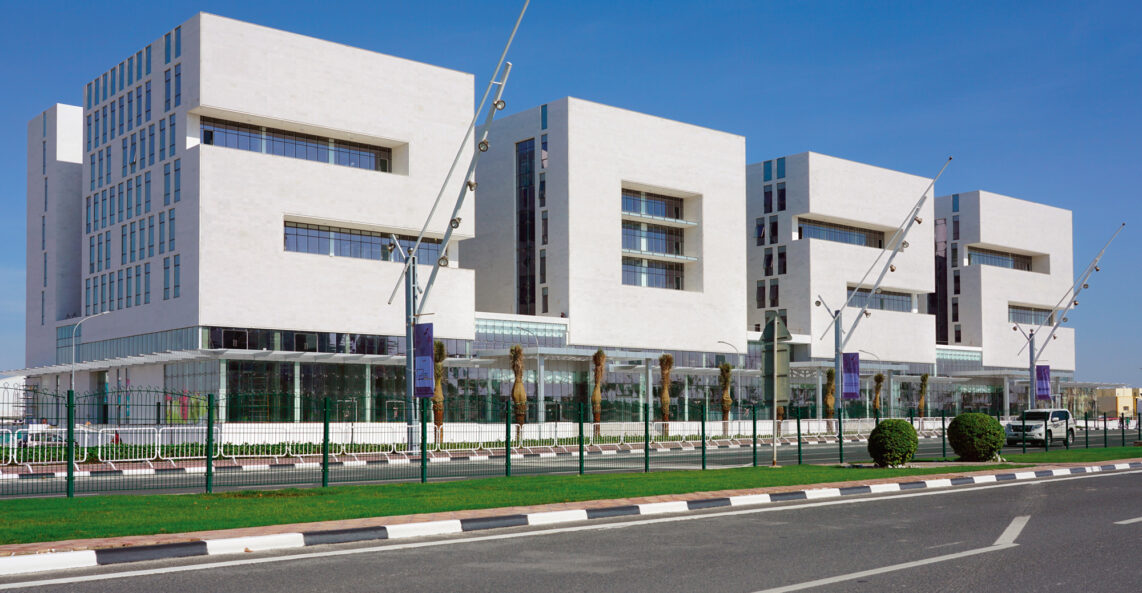 DOHA, QATAR -12 DEC 2019- View of the 2022 building, located in the Aspire Zone in Doha, Qatar, shaped with the 2022 numbers built for the FIFA World Cup